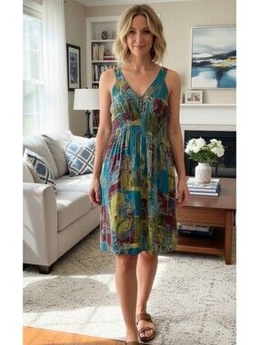 Muted Multicolor Abstract Print Dress in Teal, Yellow & Burgundy - Sleveless - L